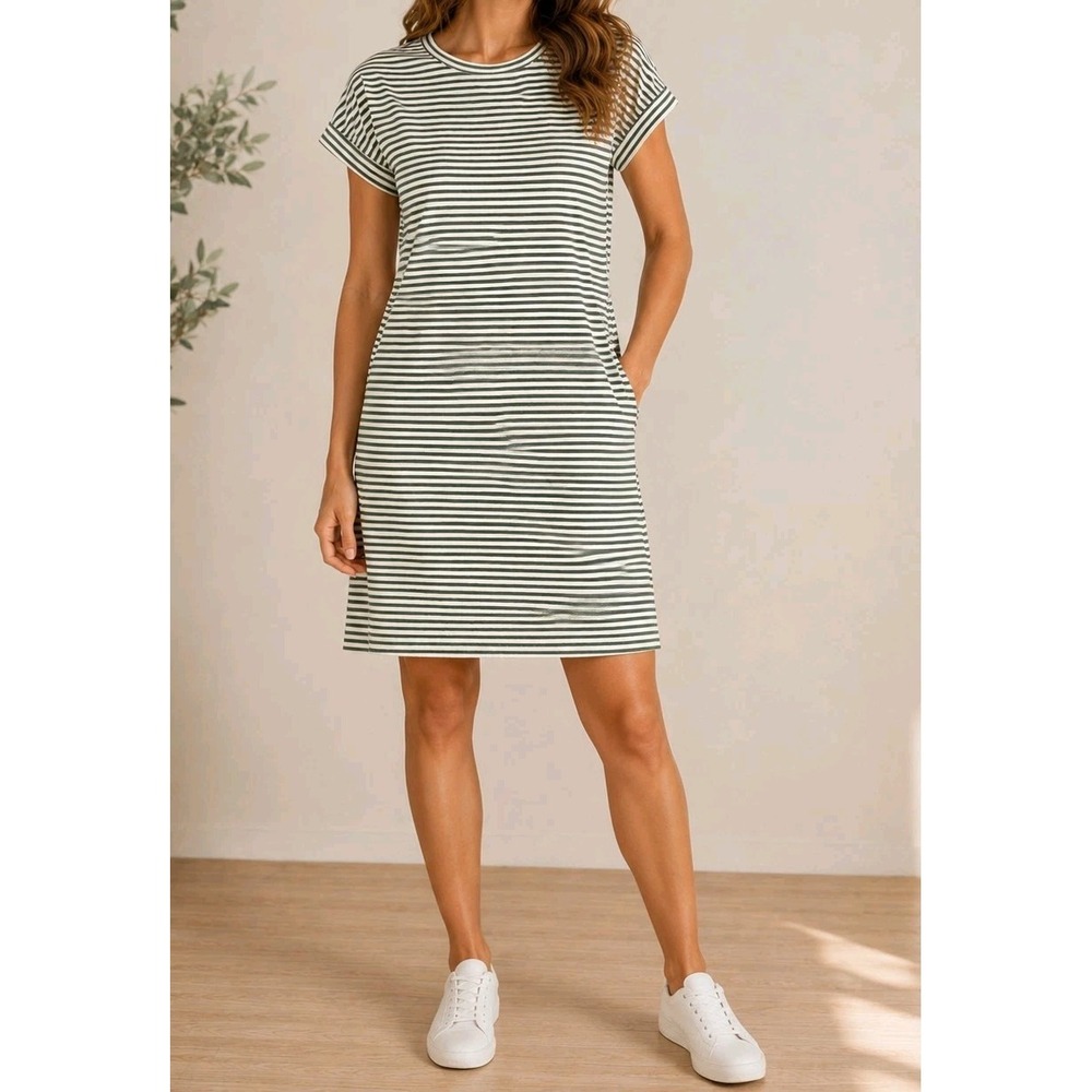 MEROKEETY Striped Tie Waist T-Shirt Dress Women's Green White Short Sleeve...